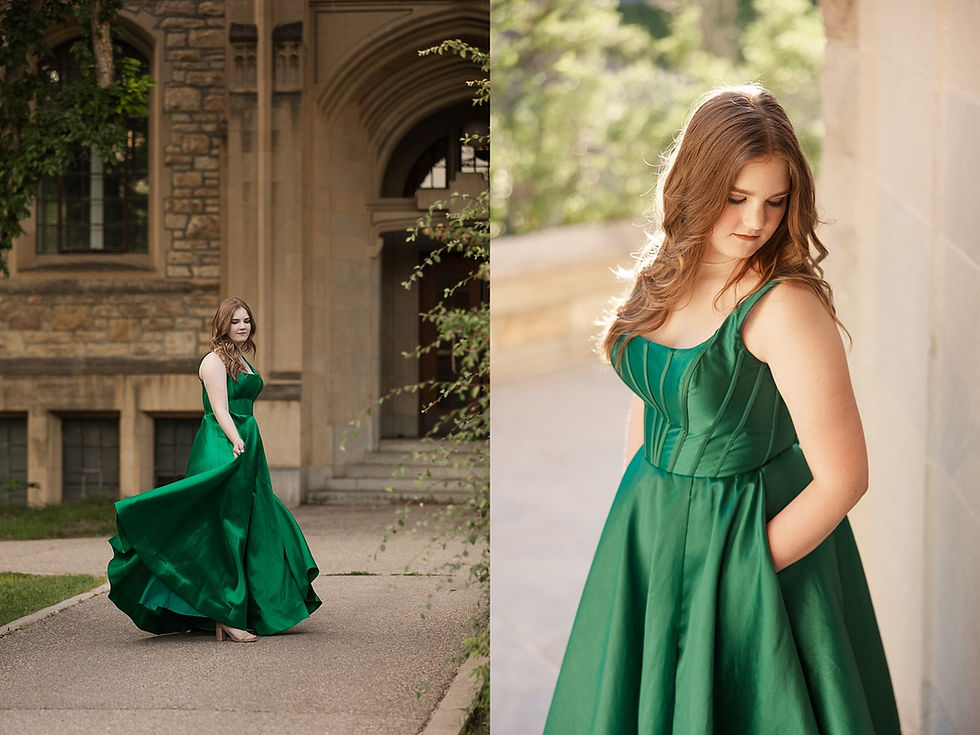 Young woman in a flowing green gown poses outside a stone building, with greenery and sunlight in the background, looking serene.