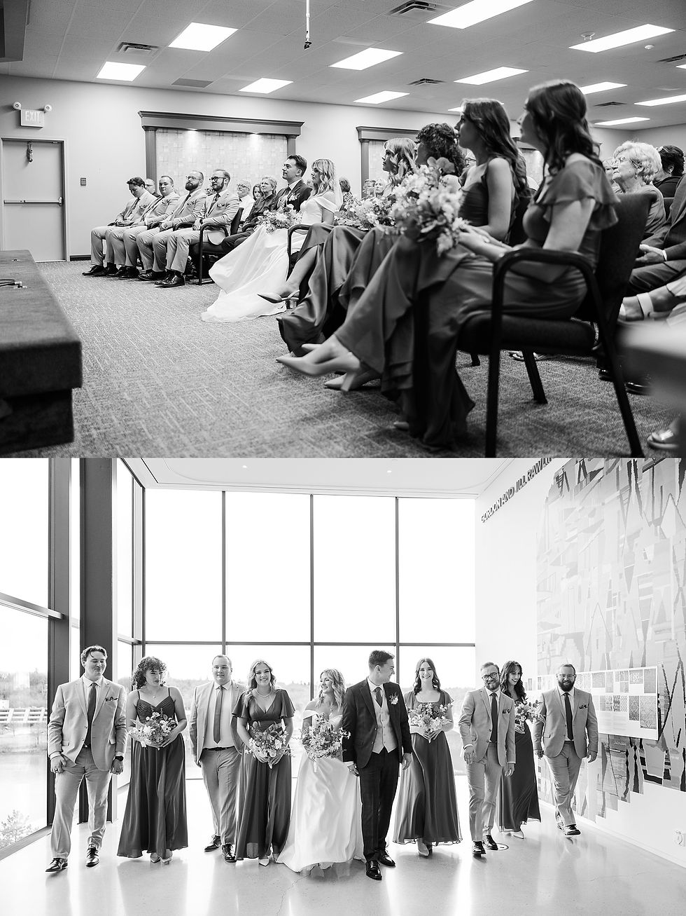 Wedding ceremony with guests seated inside. Bride and groom with bridal party walk indoors, large windows, holding bouquets, smiling. Black and white.