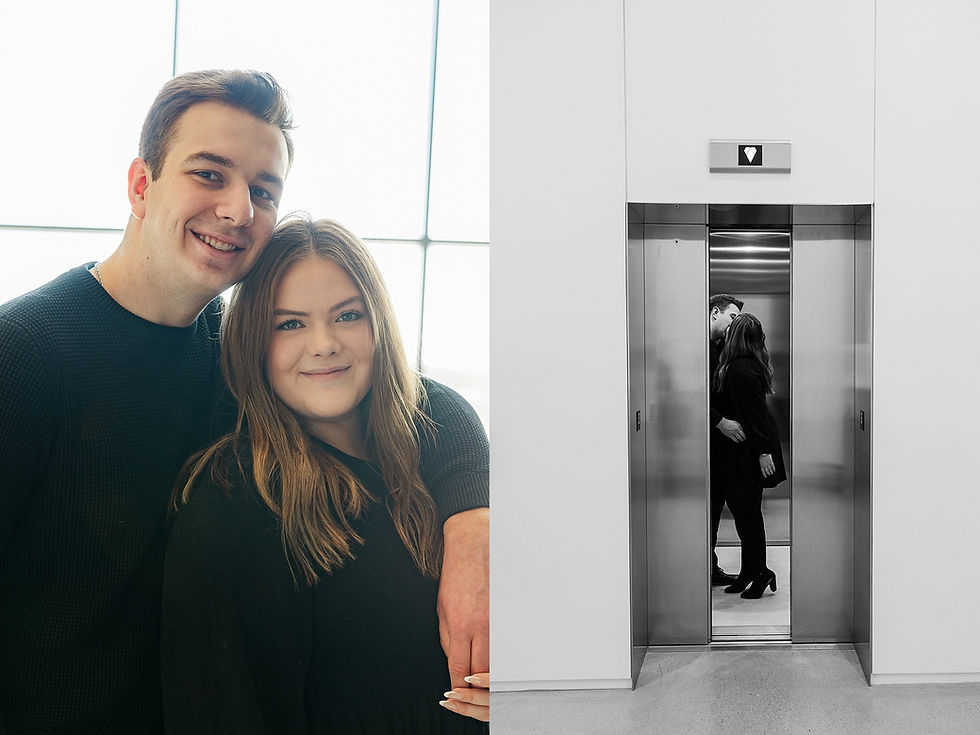 Couple smiling in front of a window and kissing in an elevator. Bright setting, one side color, other black and white, romantic mood.