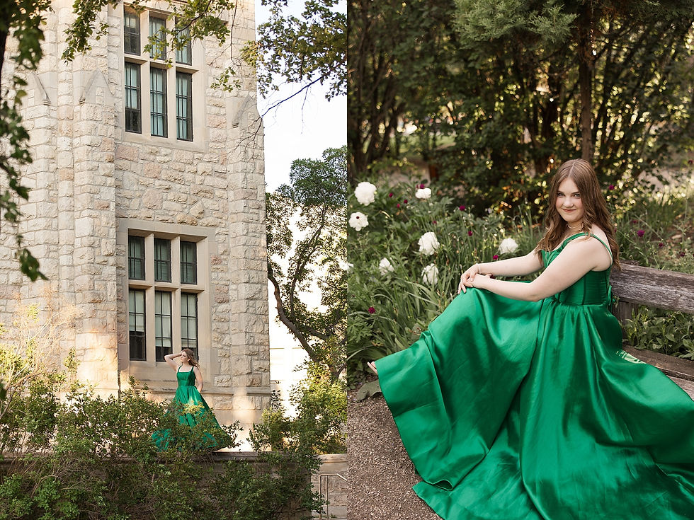 Woman in a flowing green dress poses in a garden and stands by a stone building. She's smiling, surrounded by greenery and flowers.