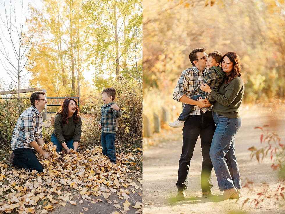 Family plays in autumn leaves and poses on a sunlit path surrounded by vibrant fall foliage. They're dressed in plaid and jeans, smiling warmly.