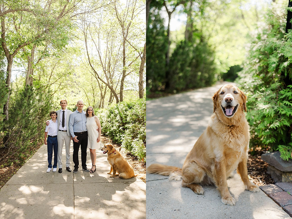 Family of four and a golden retriever pose on a sunlit path surrounded by lush greenery. Everyone is smiling; the setting is peaceful.