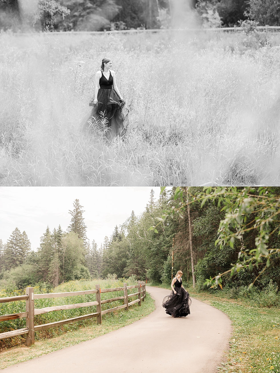A woman in a black dress stands in a grassy field (top, black & white) and walks along a wooded path (bottom, color), evoking a serene mood.