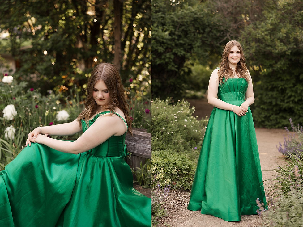 Young woman in a vibrant green dress poses outdoors. She is sitting on a bench and standing in a lush garden, exuding a serene mood.