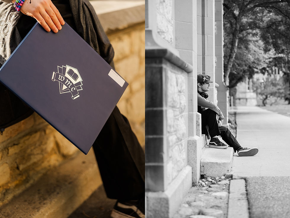 Person holding a blue document with "WMC" logo sits by a stone wall. Another person sits outside against a building, wearing a cap, appearing thoughtful.