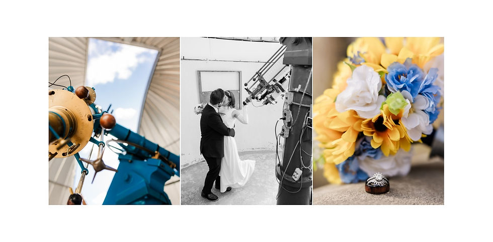 Bride and groom kiss near a telescope in an observatory. Vibrant bouquet with yellow, blue flowers, and rings are displayed.