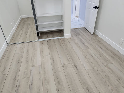 Room with light wood flooring and mirrored closet.