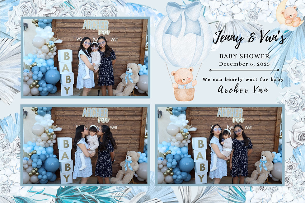 Three people at a baby shower pose by a balloon display and teddy bear. Text: "Jenny & Van's Baby Shower, Dec 6, 2025, Archer Van."
