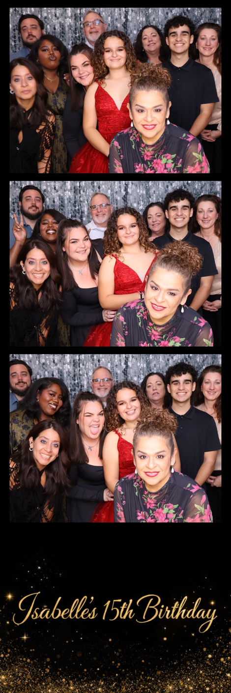 Group of people smiling in two photo booth pictures.