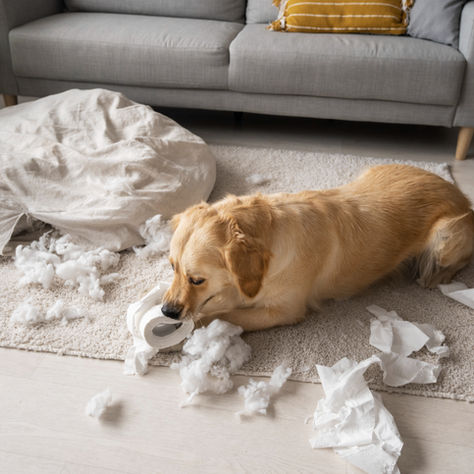 Golden retriever chewing toilet paper amidst mess on rug. Sofa and pillow visible in cozy living room. Playful, mischievous mood.