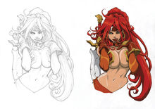 Sketch originale e colorazione di Red Monika di Battle chasers Nightwar posa frontale
