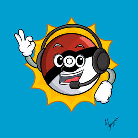 pokeball con raggi di sole con cuffie che sorride