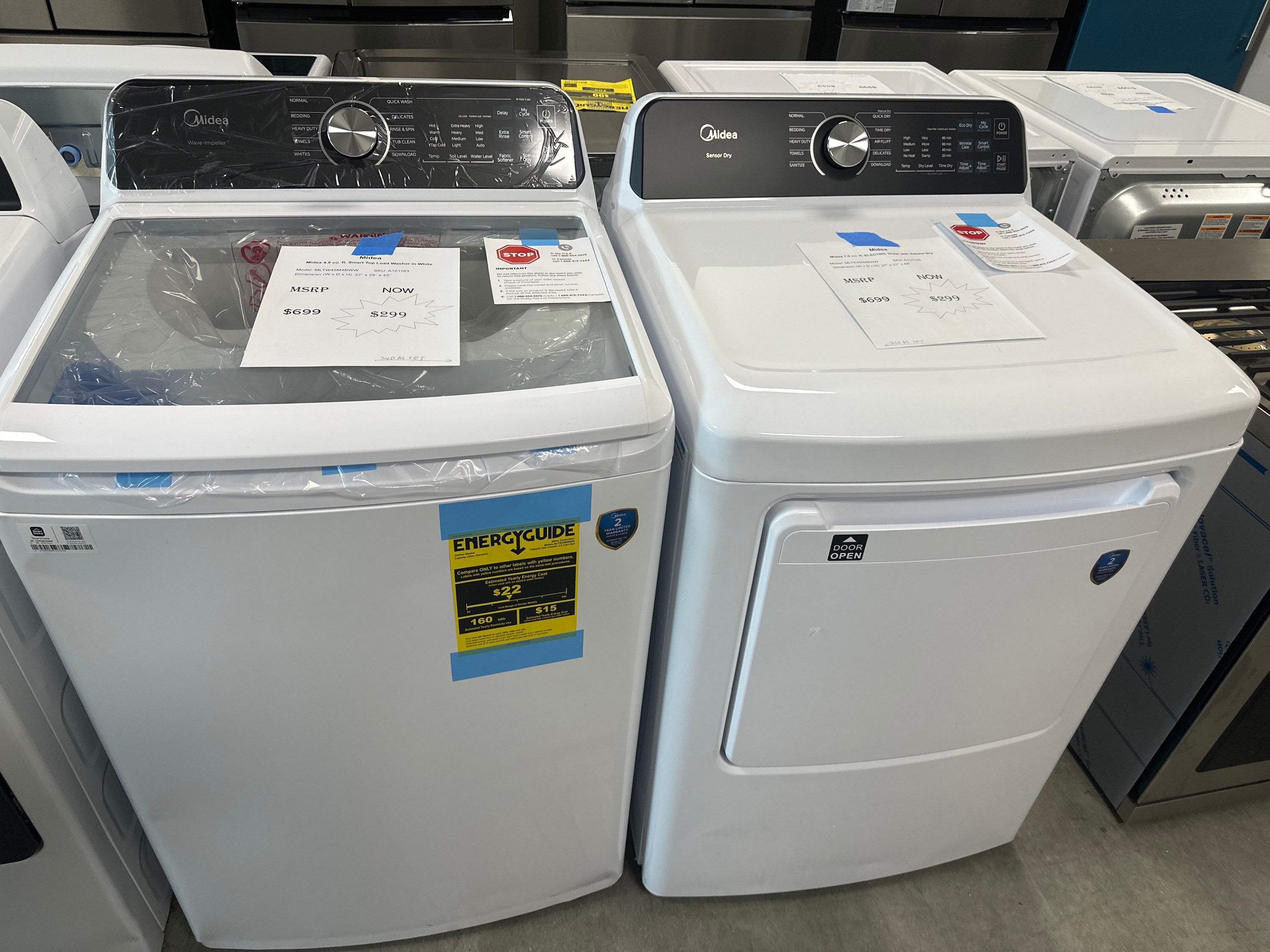 Midea 4.5 cu ft Tip Load Washer & 7.0 cu ft Electric Dryer Set