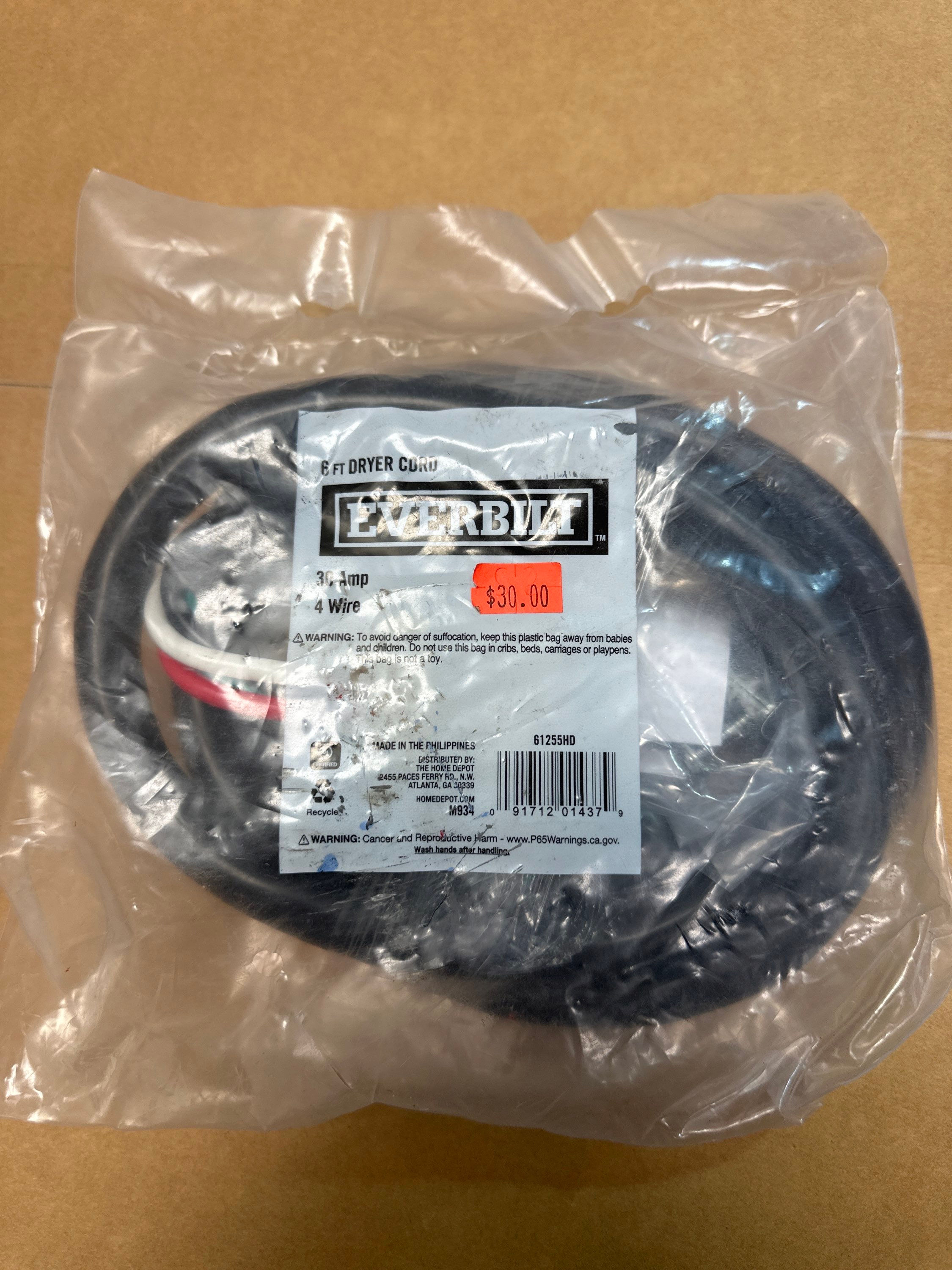 4-FT Dryer Power Cord, 30Amp 4-Prong