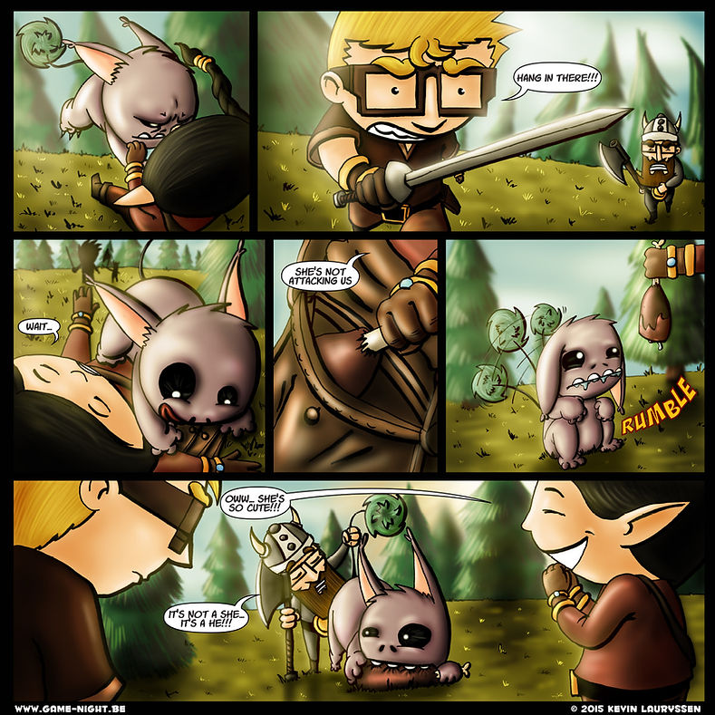 Webcomic Game Night Adventure Melvin, Kaya and dwarf recover from a false alarm it just wanted food