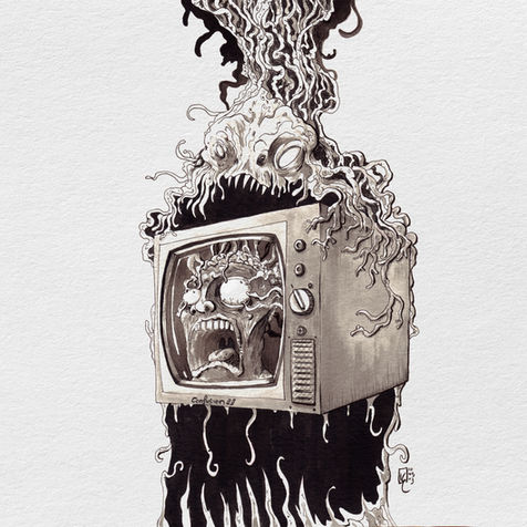 Black and white horror illustration of a monstrous creature merging with an old television set, with slimy tentacles and bulging eyes dripping over the screen. Inside the TV, a terrified human face screams in panic, symbolizing media overload, fear, and psychological distortion.