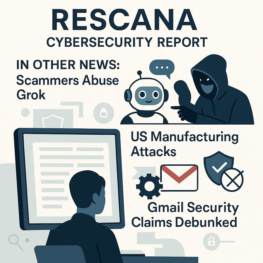 Rescana Cybersecurity Report: Grok AI Exploits, US Manufacturing Attacks, and Gmail Security Debunked
