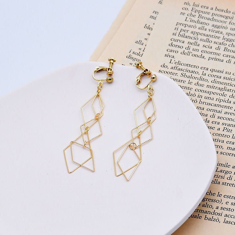 Thumbnail: Korean Gold Color Statement Geometric Clip on Earrings No Piercing Long Rhombus 