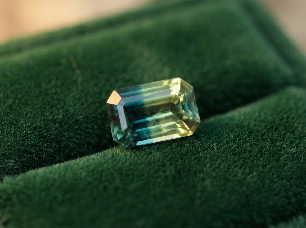 a green and yellow parti color sapphire in emerald cut sitting on grass green velvet jewelry display