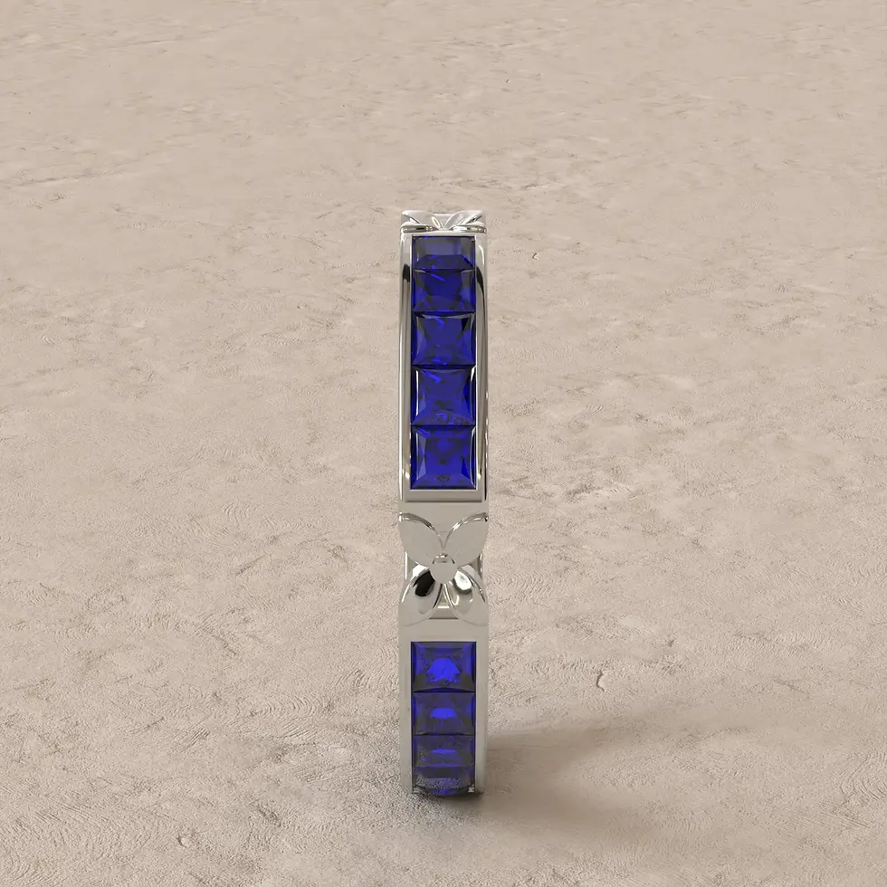 Navy Blue Sapphire in a princess cut eternity ring in 18k White Gold, side profile showing setting height and band dimensions.