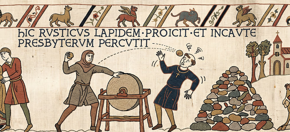 Medieval tapestry scene with a man throwing a stone at a priest. Text in Latin. Animals and church in the background. Stone pile visible.