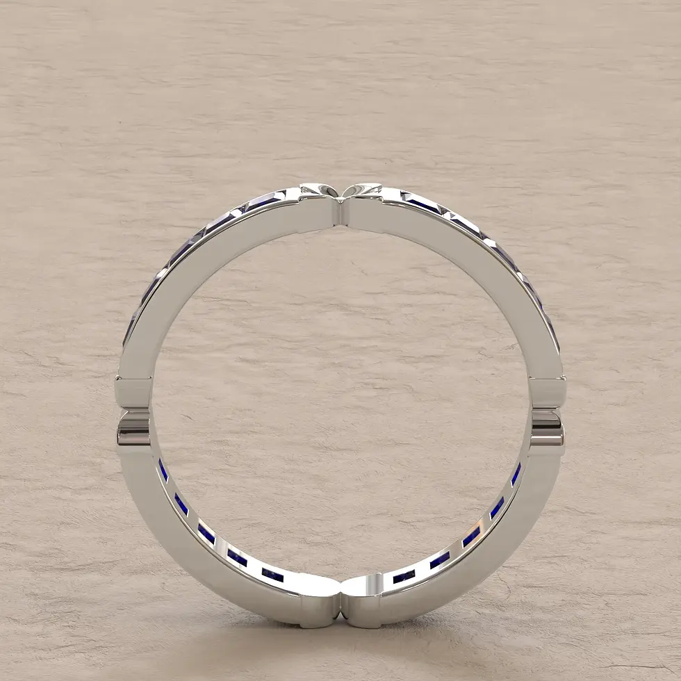 Navy Blue Sapphire in a princess cut eternity ring in 18k White Gold, front view showing the centre stone and setting detail.