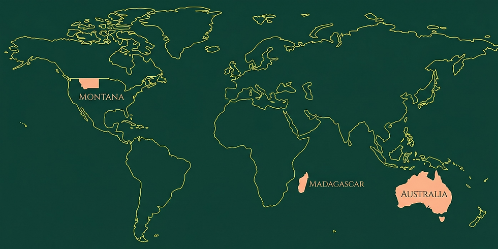 World map on green background with yellow outlines. Montana, Madagascar, and Australia are highlighted in orange with labels.