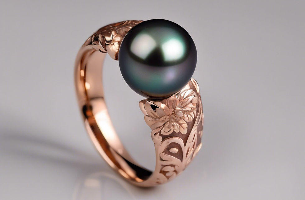 A rose gold ring with carved floral detail set with a black pearl