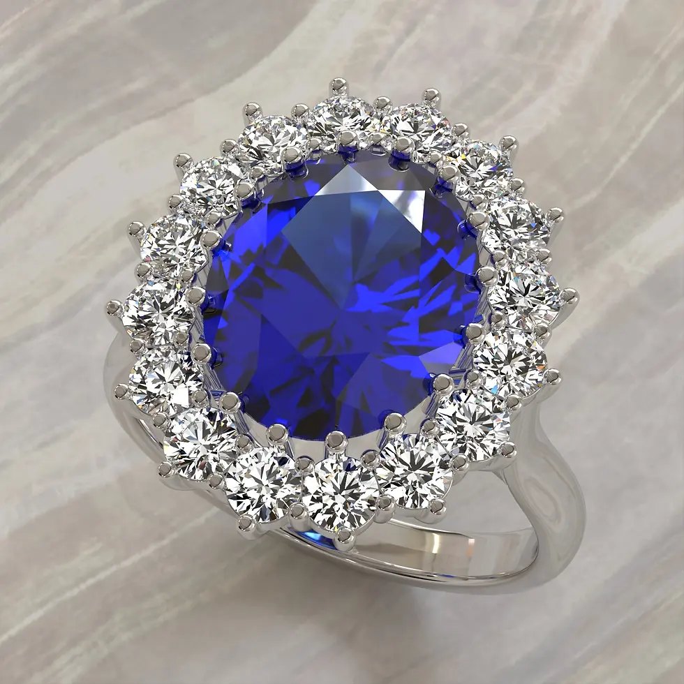 Royal Blue Sapphire, Sapphire in an oval cut cluster ring in Platinum, three-quarter view showing the stone, setting, and band together. Diamond accents, 0.93ctct total.