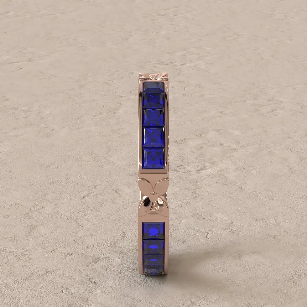 Navy Blue Sapphire in a princess cut eternity ring in 18k Rose Gold, side profile showing setting height and band dimensions.