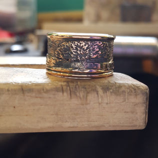wide carved meadow design rose gold cigar band