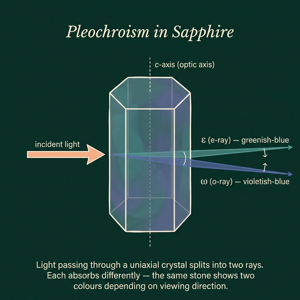 Diagram of pleochroism in sapphire. Light splits into e-ray (greenish-blue) and o-ray (violetish-blue) along optic axis. Text explains effect.