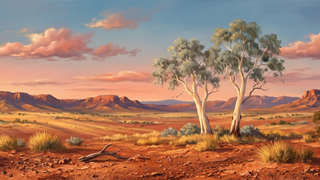 Oil painting of an Australian outback landscape at golden hour: red ochre earth, ghost gum trees with white trunks, ancient eroded ridges in the distance, peach-and-cerulean sky