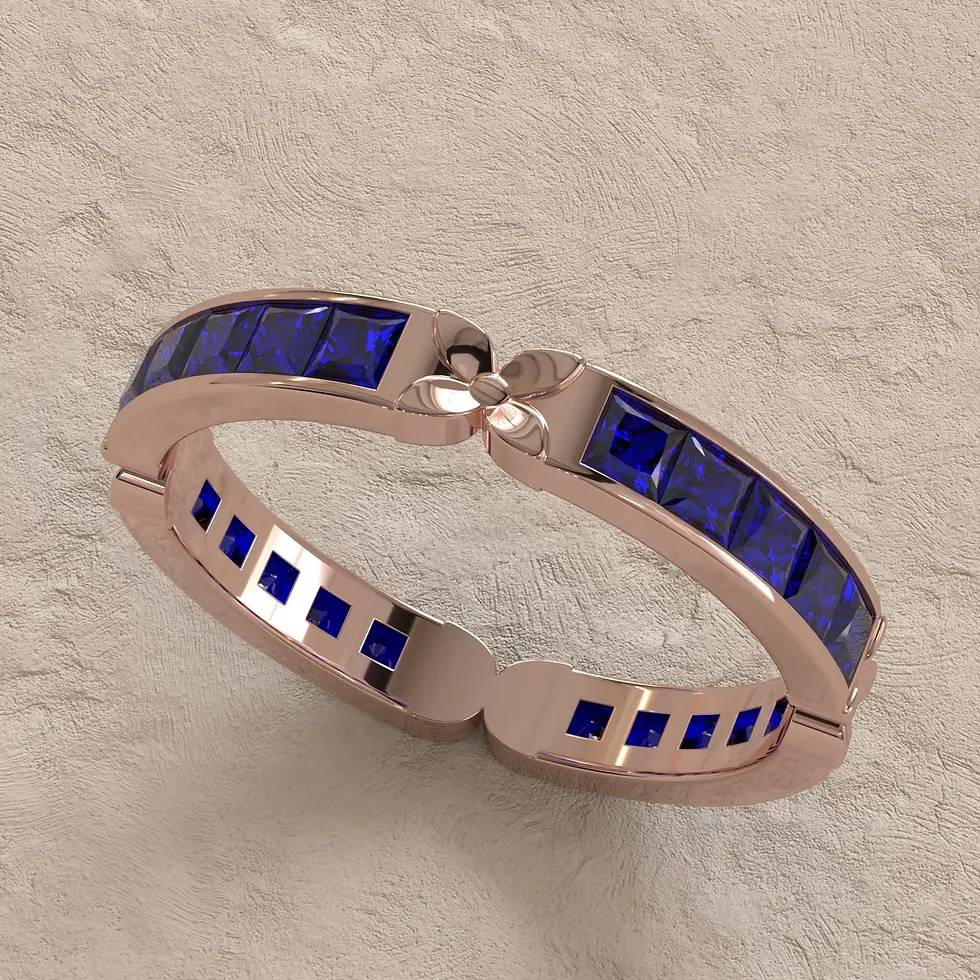 top angled view Blue Sapphire Channel Princess Eternity In Rose Gold