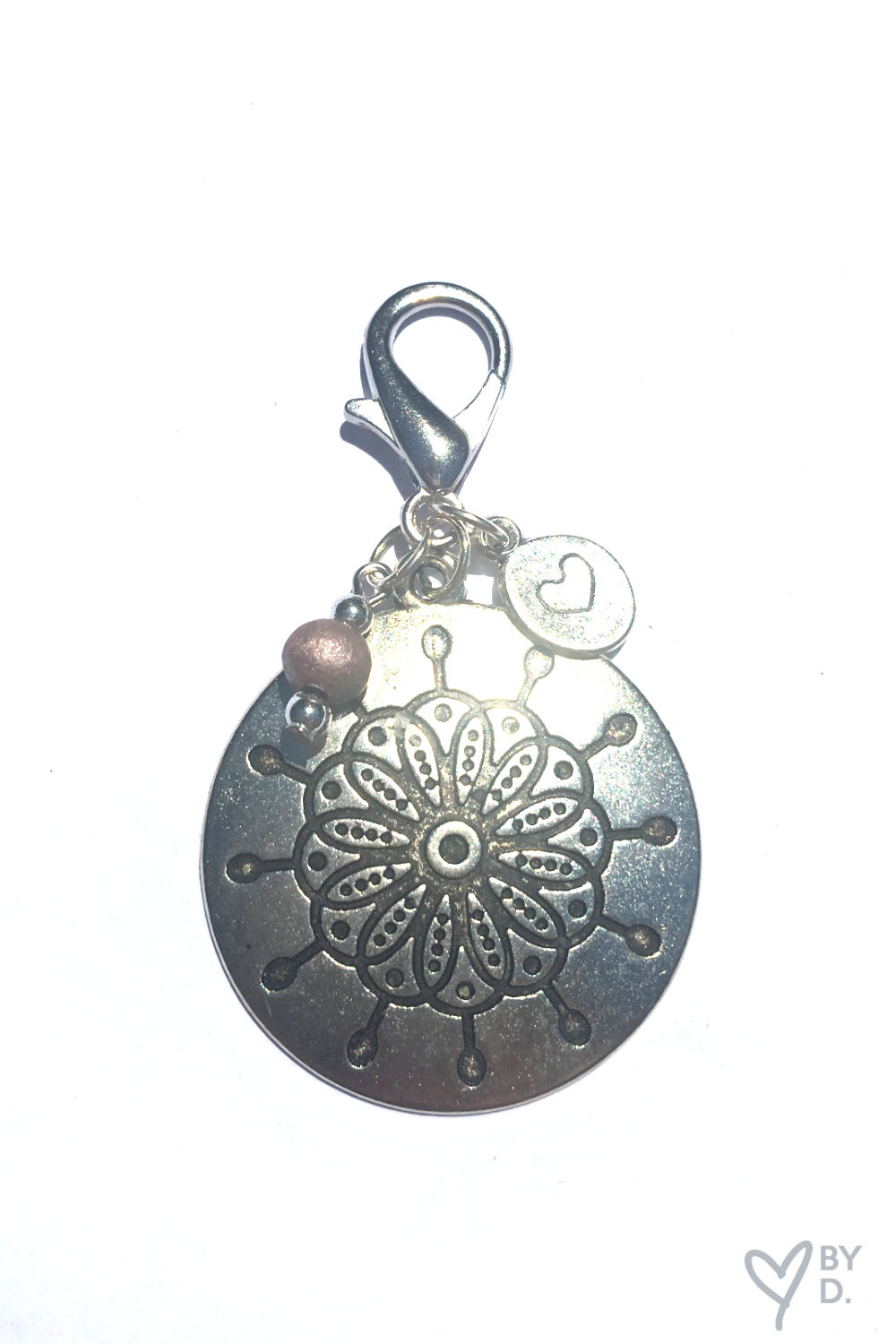 Round Mandala Pendant with little wooden bead and Heart Charm
