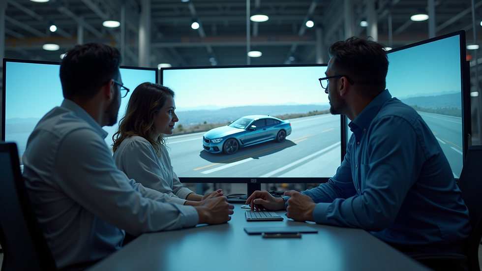 Eye-level view of automotive engineers collaborating on a vehicle simulation