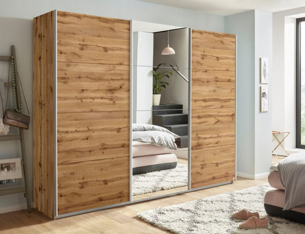 Miniaturbild: Kleiderschrank 270cm Schiebetüren | Weiß/Grau Metallic/Eiche Wotan