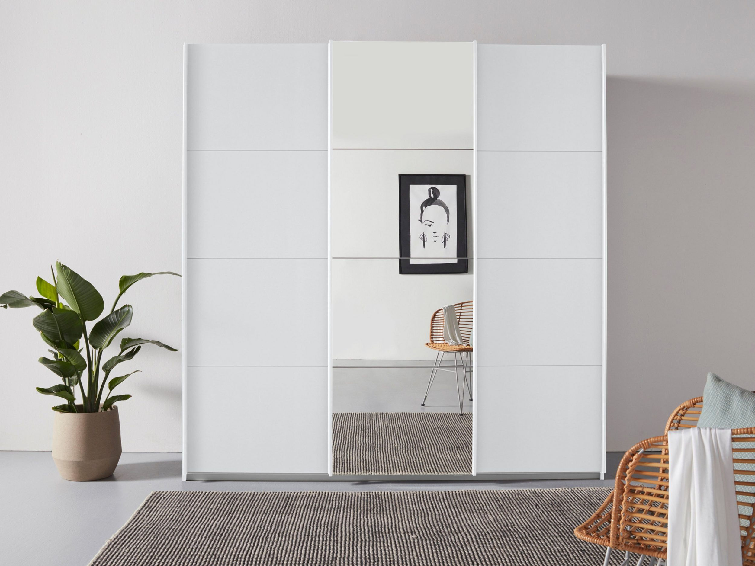 Schwebetürenschrank  200cm Matt Weiß Inneneinteilung, 2 Stoffboxen 7Einlegeböden