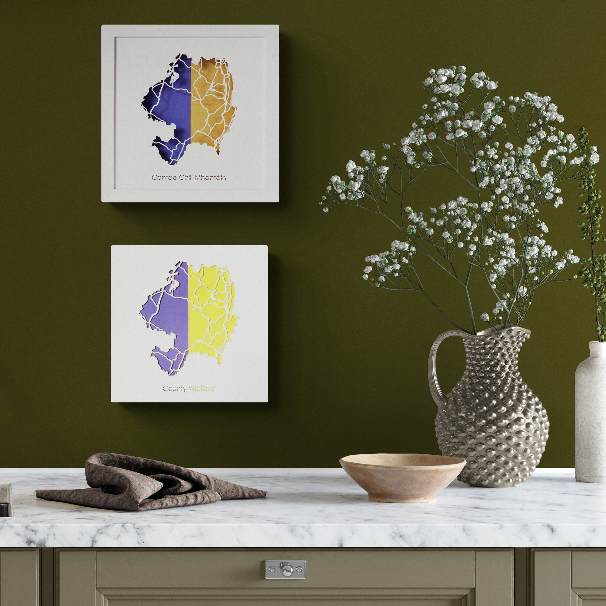 Mini papercut map of County Wicklow with blue and Gold county colours