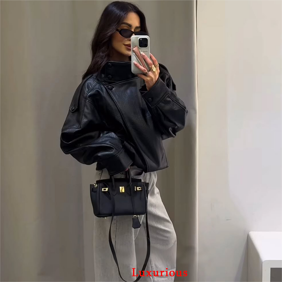 Miniatura: KONDALA Casual Chic Black Leather Jackets Women Long Sleeve Buttons Elastic Over