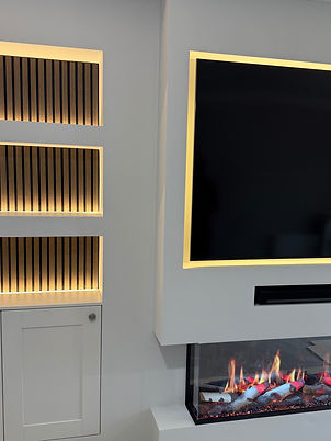 Media wall with shelving, acoustic slat wall panelling, led lighting and Onyx Fusion 150rw