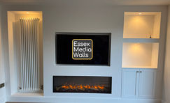 A bespoke media wall with shelving, cupboards, led lighting and a Gazco eReflex 135rw electric fire in East Hanningfield, Chelmsford.
