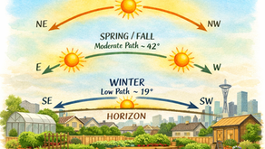 Illustration showing sun paths over a Pacific Northwest garden at 47.6°N latitude. Three arcs show the sun's height in each season: summer at 66 degrees rising northeast to northwest, spring and fall at 42 degrees rising east to west, and winter at 19 degrees rising southeast to southwest. Raised garden beds, a greenhouse, and the Seattle skyline are visible below.