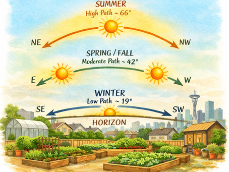 Illustration showing sun paths over a Pacific Northwest garden at 47.6°N latitude. Three arcs show the sun's height in each season: summer at 66 degrees rising northeast to northwest, spring and fall at 42 degrees rising east to west, and winter at 19 degrees rising southeast to southwest. Raised garden beds, a greenhouse, and the Seattle skyline are visible below.
