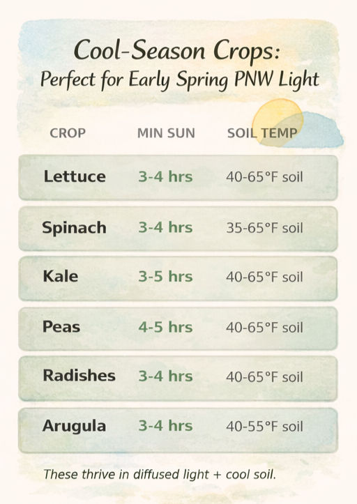 Chart titled "Cool-Season Crops," lists lettuce, spinach, kale, peas, radishes, arugula with sun and soil temp needs. Soft colors, calm mood.