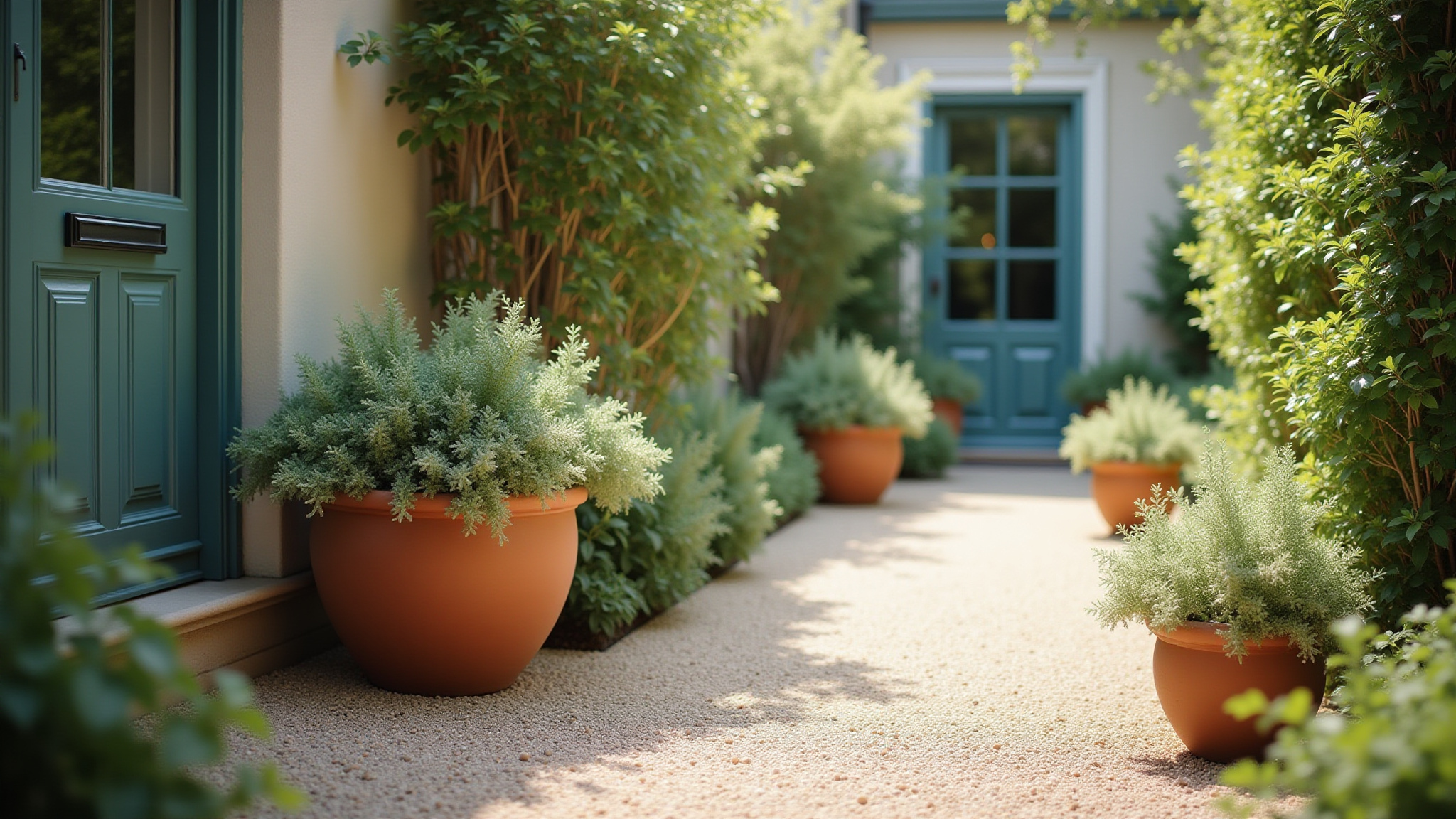 Potted plants decorate a walkway with a teal door and surrounding greenery.