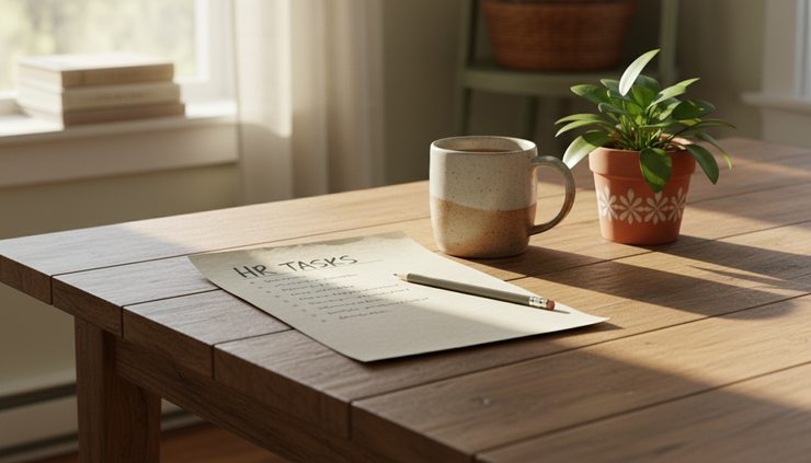 Overhead view of a paper checklist beside a mug on a wooden kitchen table.