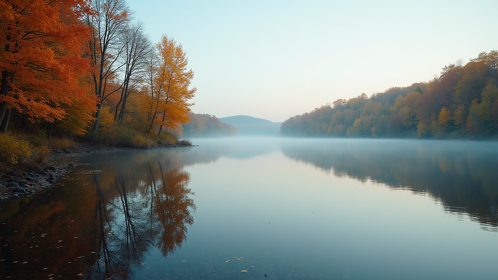 Eye-level view of a serene lake surrounded by autumn trees in Ontario