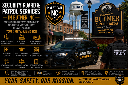 Security officer and marked patrol SUV with white warning lights near downtown Butner, promoting security guard services.