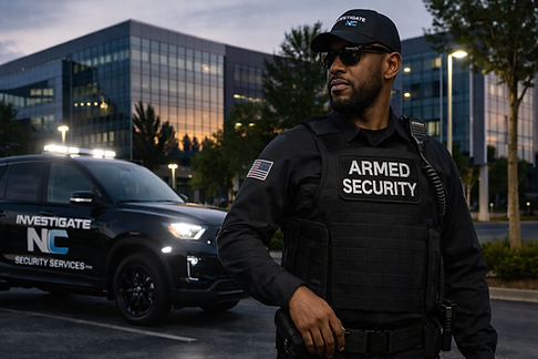 An Armed Security Guard with a Security Vehicle in the background